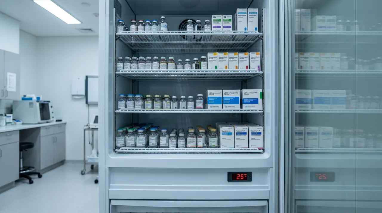Nevera de farmacia con vacunas para mantener la cadena de frío