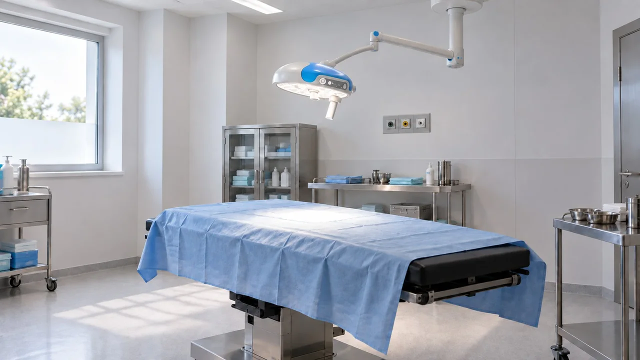 Lámpara cialítica LED de techo encendida sobre la mesa de un quirófano de cirugía menor