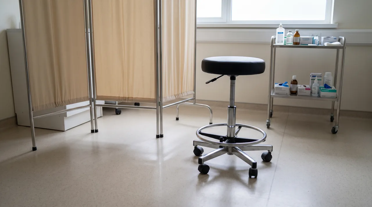 Mobiliario auxiliar de una consulta médica: taburete y biombo