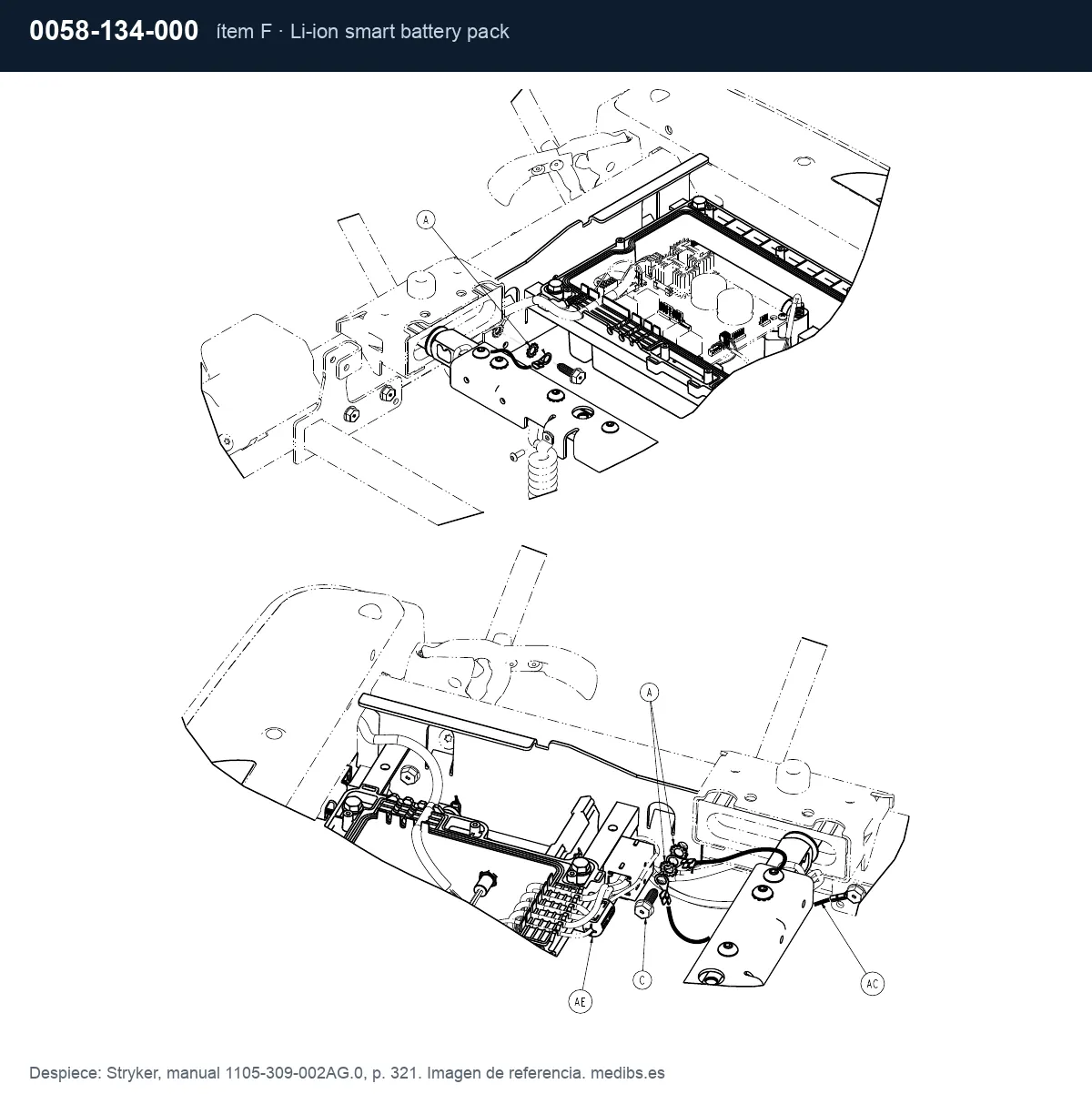 Despiece Stryker con la pieza 0058-134-000 (batería de litio de báscula + Chaperone), ítem F