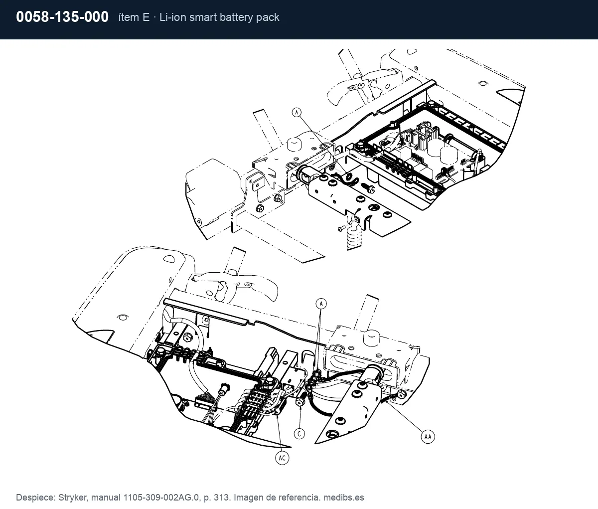 Despiece Stryker con la pieza 0058-135-000 (batería de litio de la báscula), ítem E