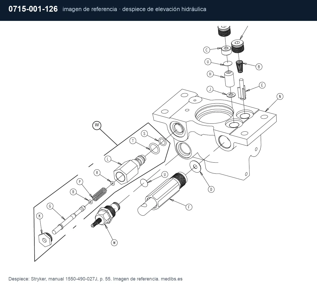 Despiece de elevación hidráulica de la camilla Stryker 1550, imagen de referencia para la pieza Stryker 0715-001-126 (almohadilla de pedal de control lateral)