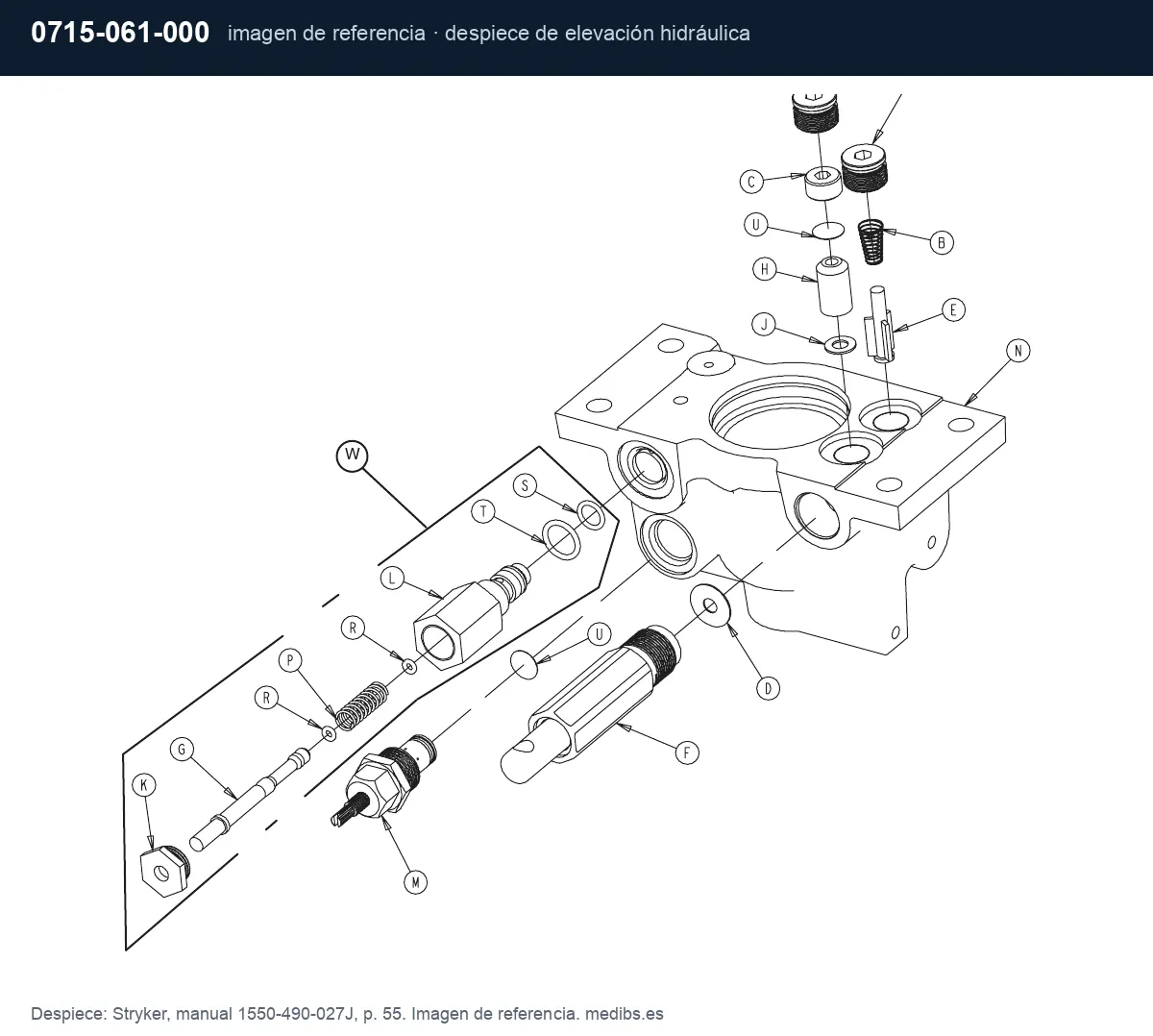 Despiece de elevación hidráulica de la camilla Stryker 1550, imagen de referencia para la pieza Stryker 0715-061-000 (aro de freno)