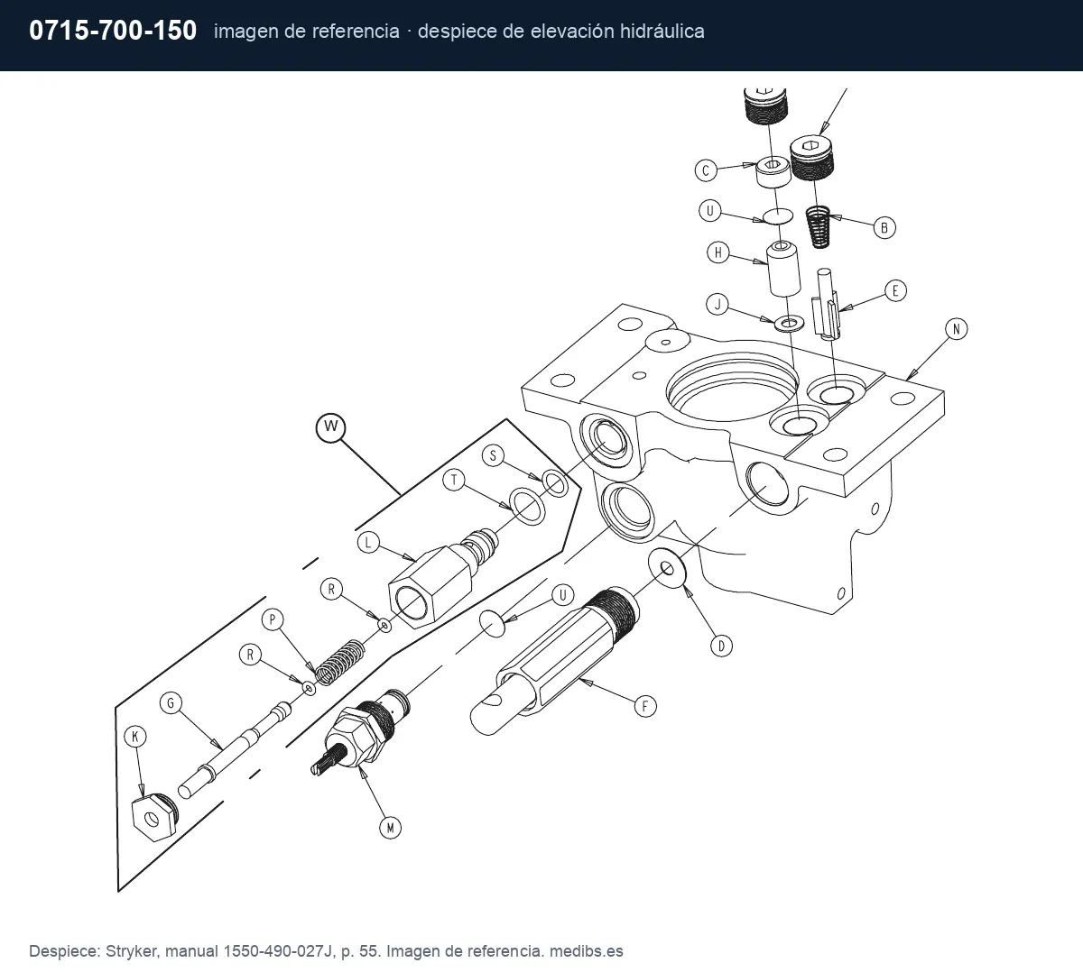 Despiece de elevación hidráulica de la camilla Stryker 1550, imagen de referencia para la pieza Stryker 0715-700-150 (útil de ajuste del tensor de freno)