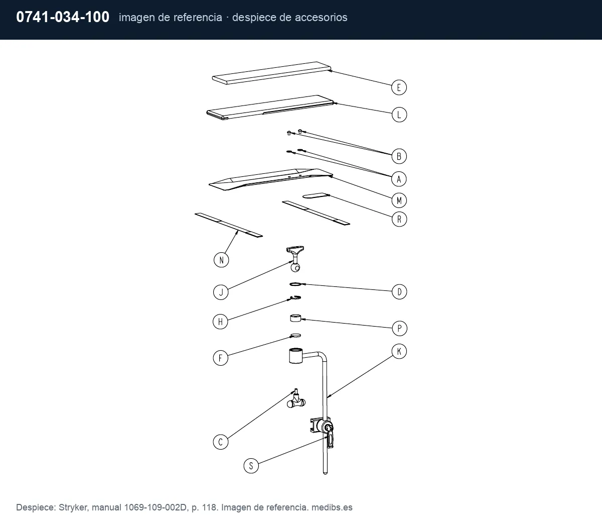 Despiece de accesorios de la camilla Stryker 1069, imagen de referencia para la pieza Stryker 0741-034-100 (piecero/portahistorias)