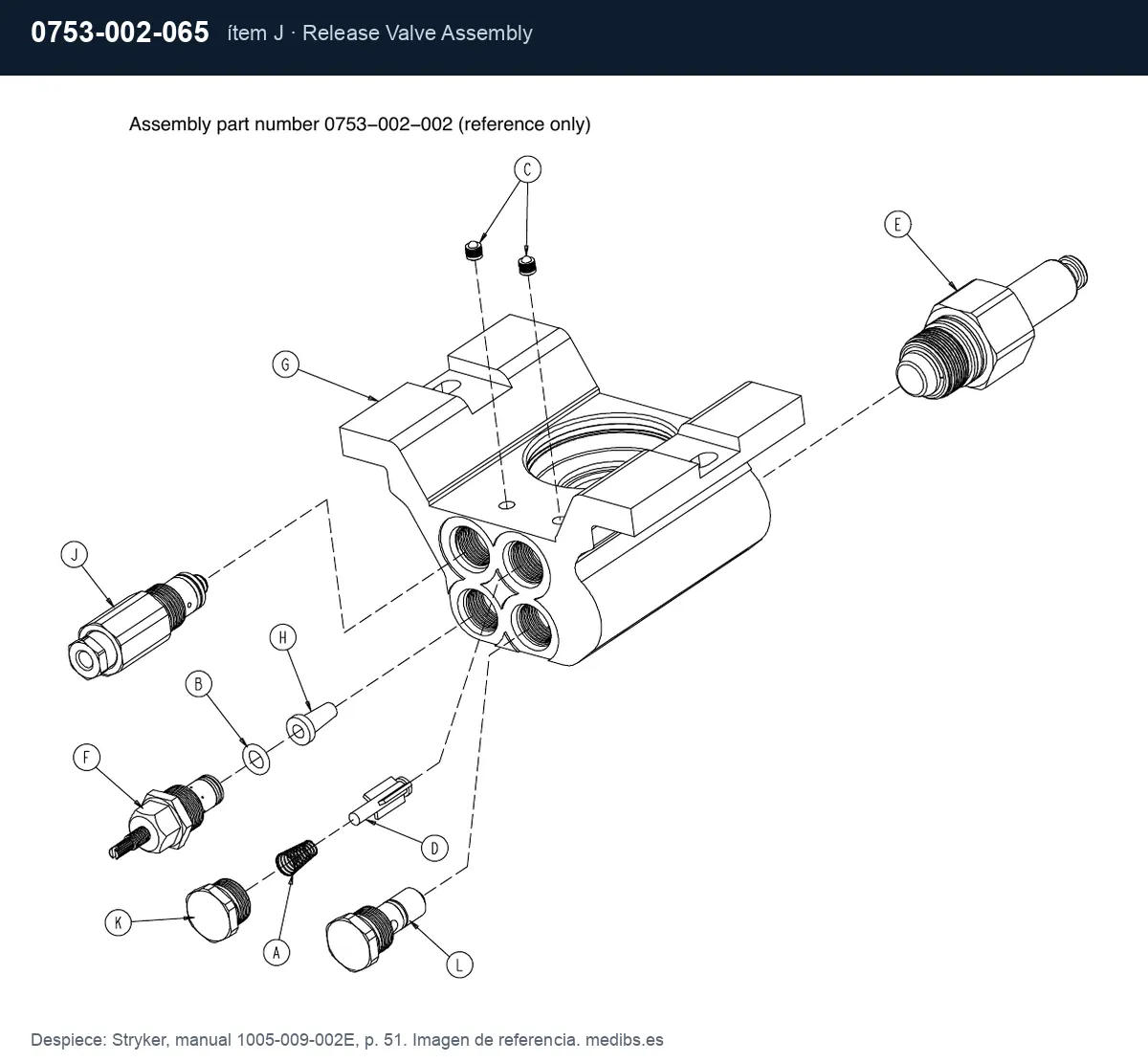 Despiece Stryker con la pieza 0753-002-065 (válvula de descenso), ítem J