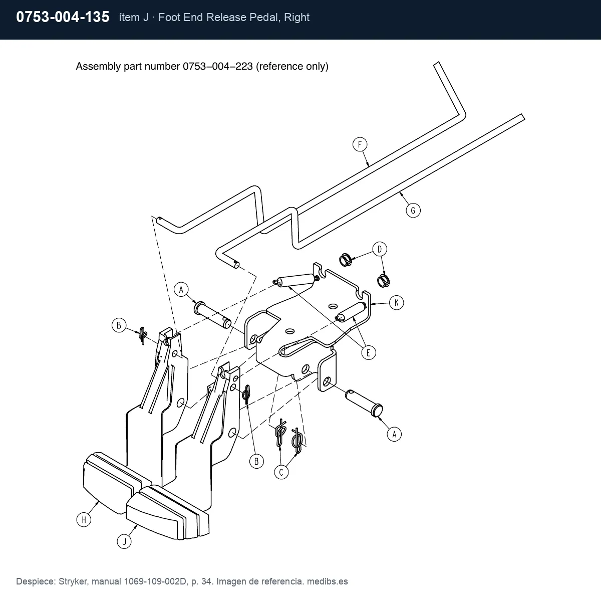 Despiece Stryker con la pieza 0753-004-135 (pedal de descenso lado pies derecho), ítem J