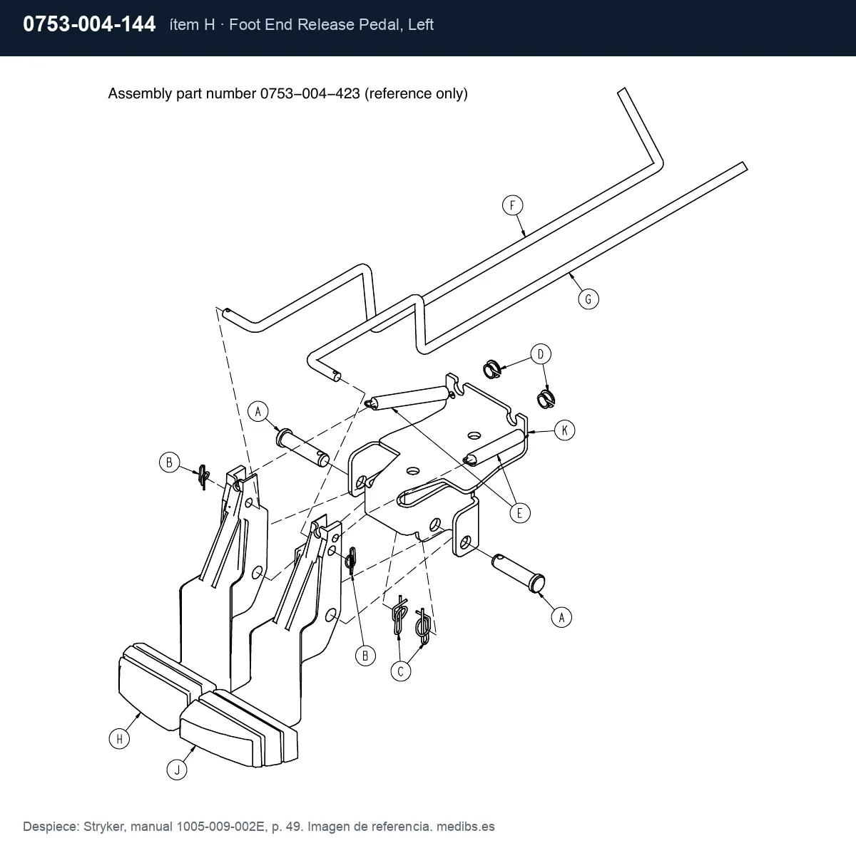 Despiece Stryker con la pieza 0753-004-144 (pedal de descenso lado pies izquierdo), ítem H