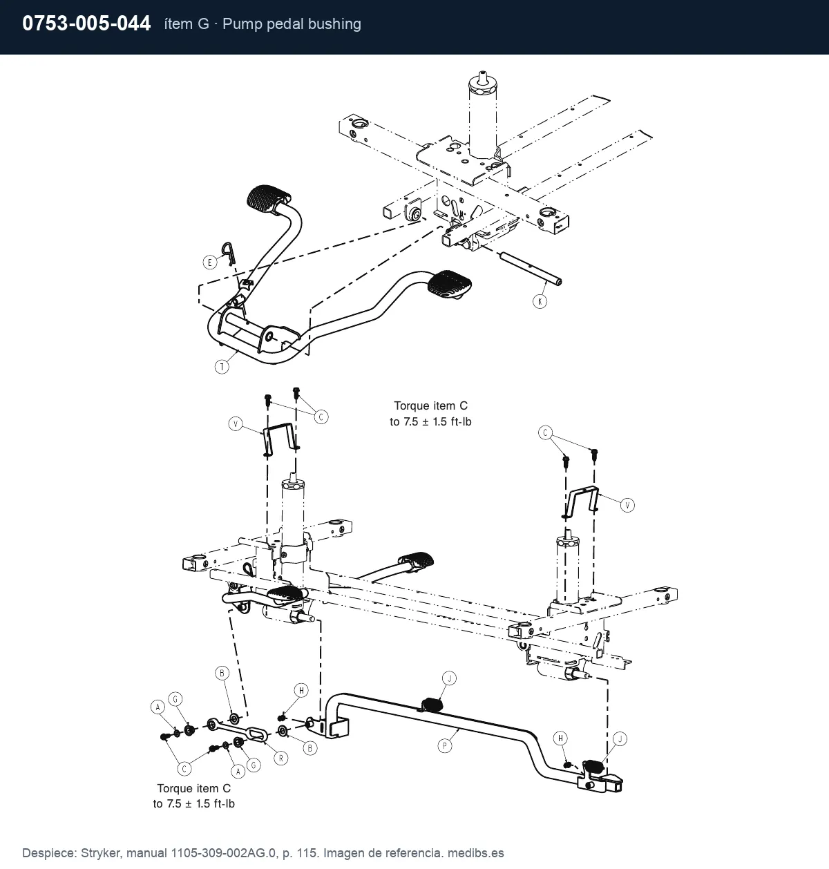 Despiece Stryker con la pieza 0753-005-044 (casquillo del pedal de bombeo), ítem G