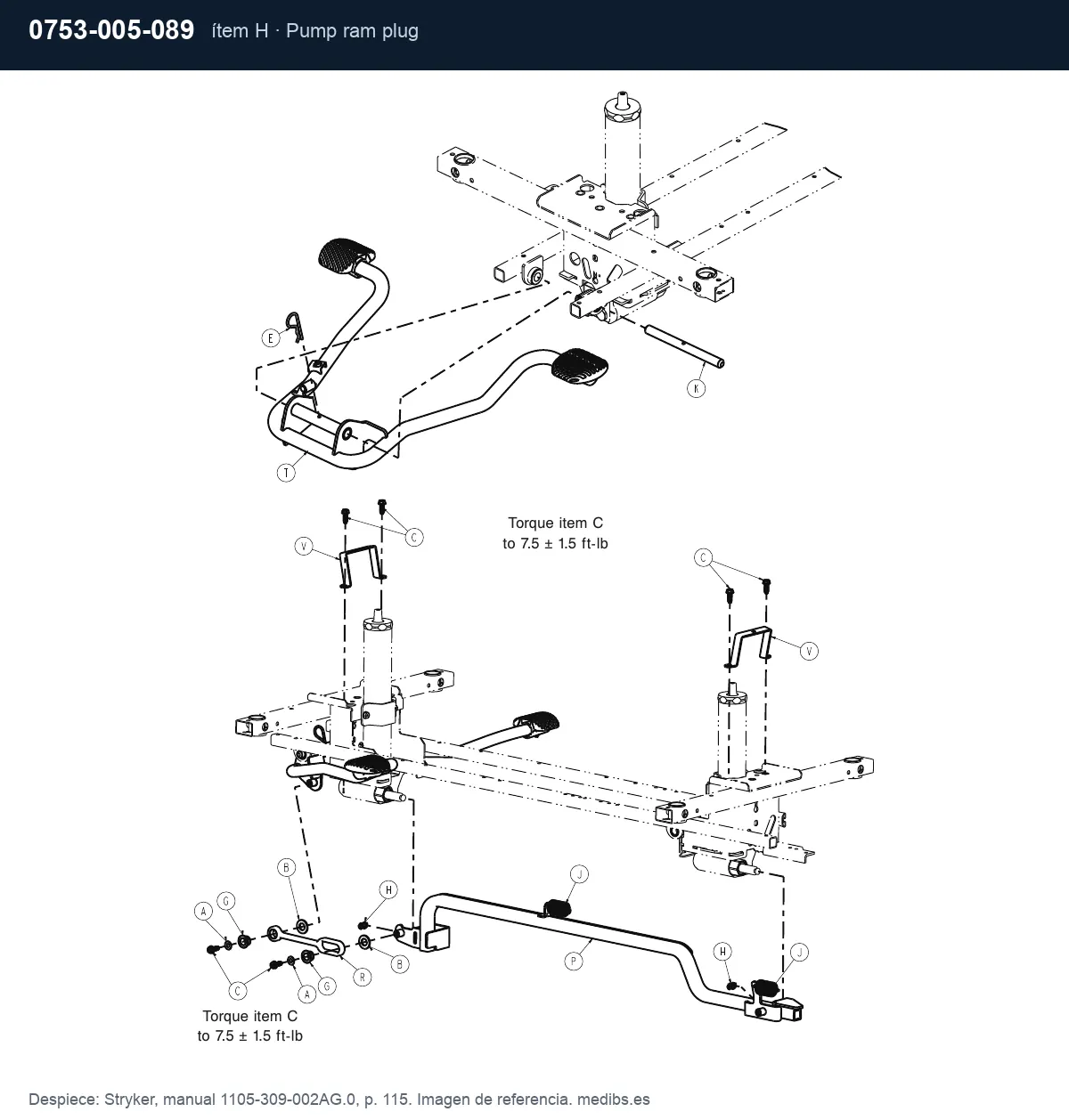 Despiece Stryker con la pieza 0753-005-089 (tapón del pistón de bomba), ítem H