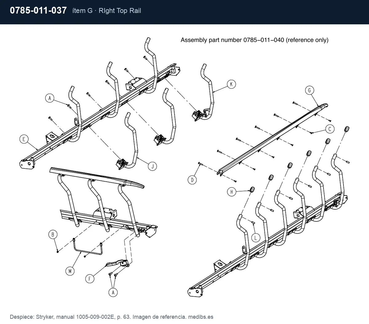 Despiece Stryker con la pieza 0785-011-037 (pasamanos superior de barandilla derecha), ítem G