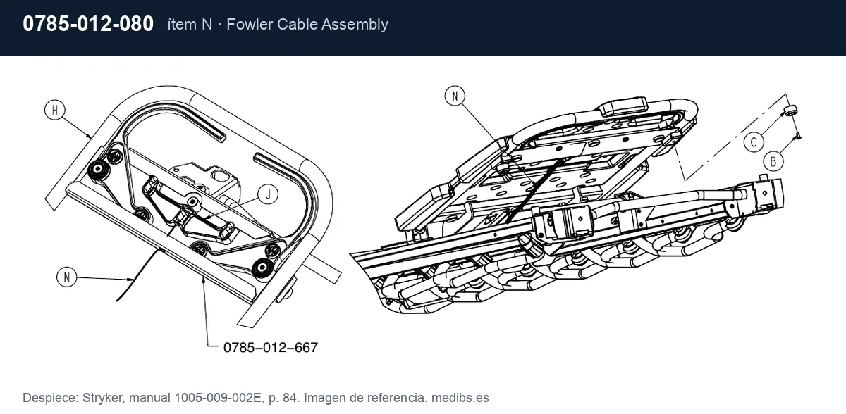 Despiece Stryker con la pieza 0785-012-080 (cable de liberación del respaldo), ítem N