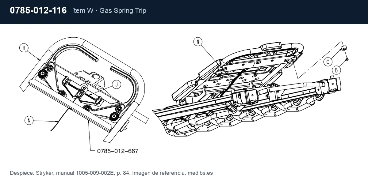 Despiece Stryker con la pieza 0785-012-116 (disparador del pistón de gas), ítem W