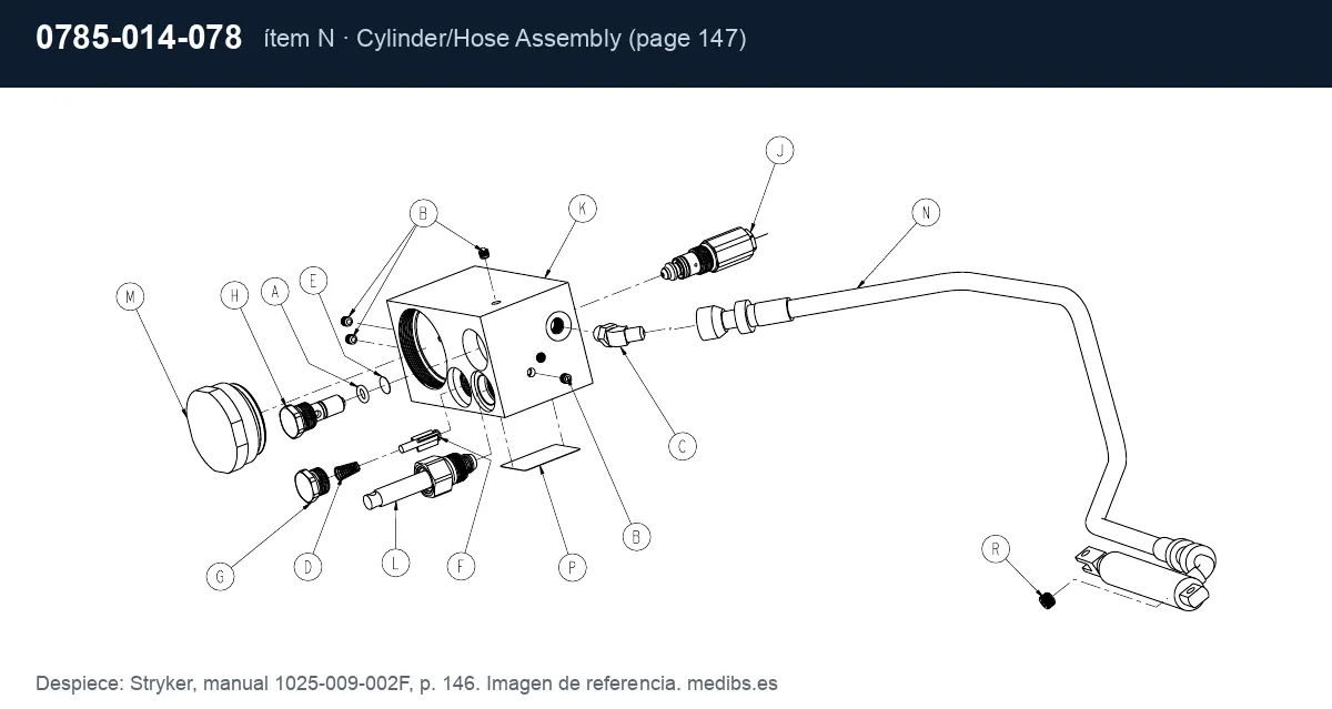 Despiece Stryker con la pieza 0785-014-078 (cilindro hidráulico con latiguillo del articulador de rodillas), ítem N