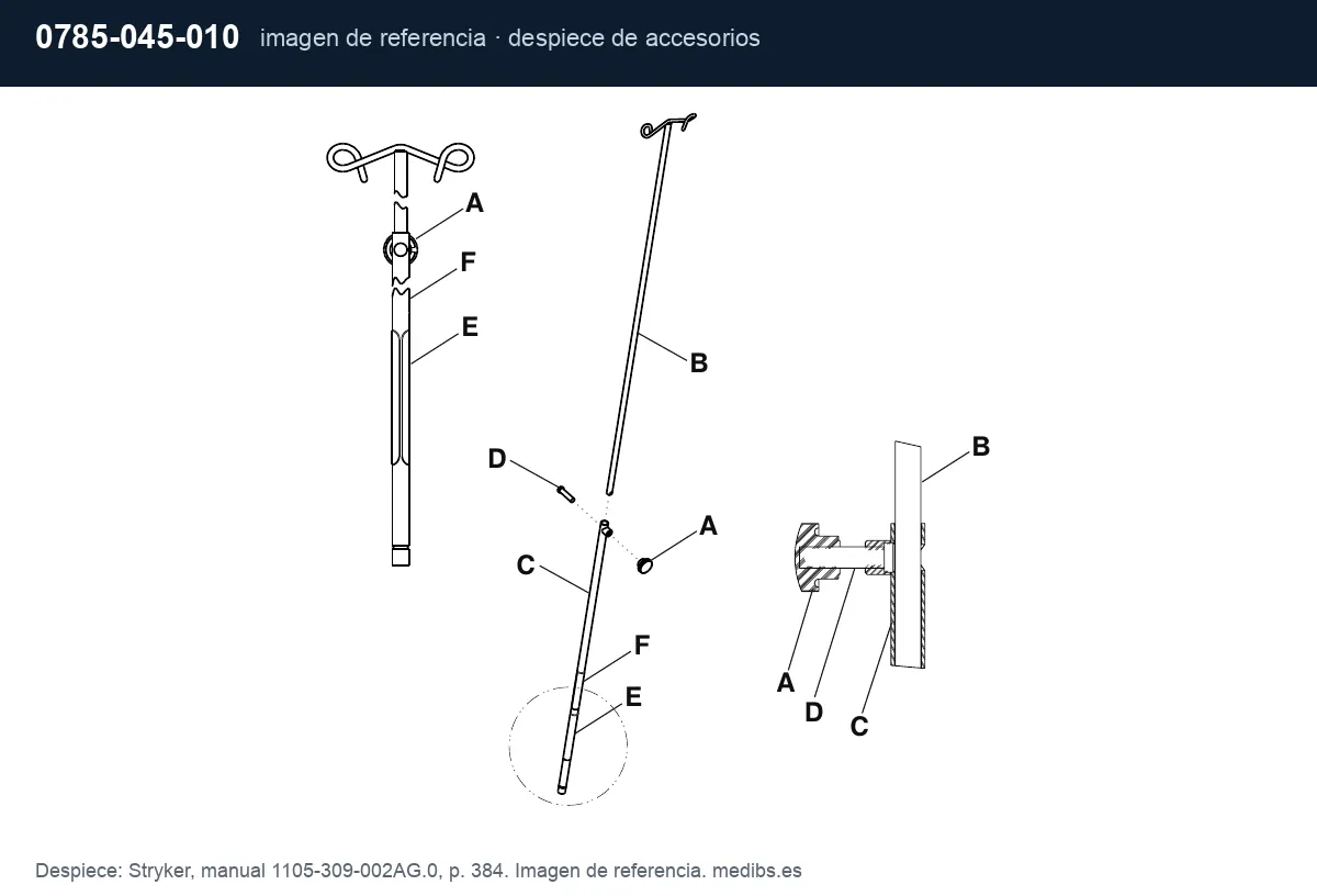 Despiece de accesorios de la camilla Stryker Prime, imagen de referencia para la pieza Stryker 0785-045-010 (juego completo de correas de sujeción)