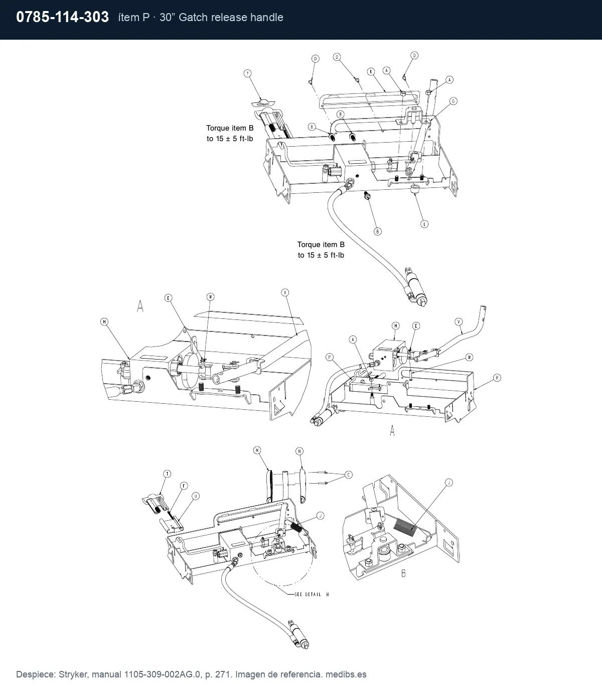 Despiece Stryker con la pieza 0785-114-303 (maneta de desbloqueo de piernas 30 pulgadas), ítem P