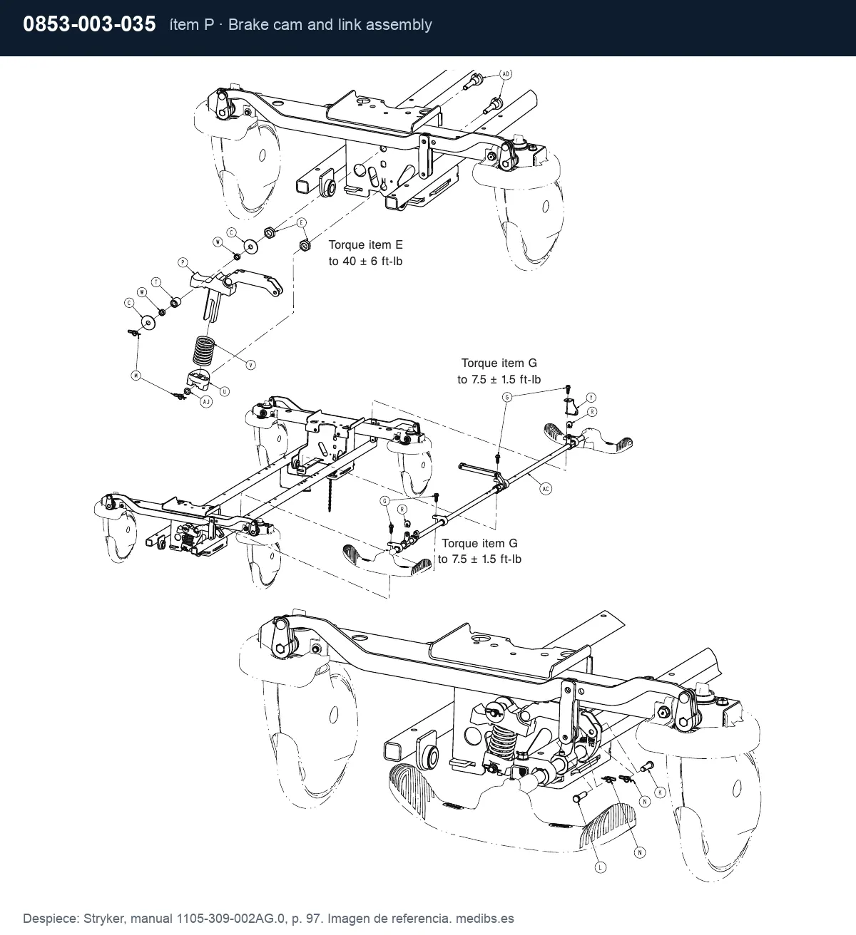 Despiece Stryker con la pieza 0853-003-035 (conjunto de leva y biela de freno), ítem P