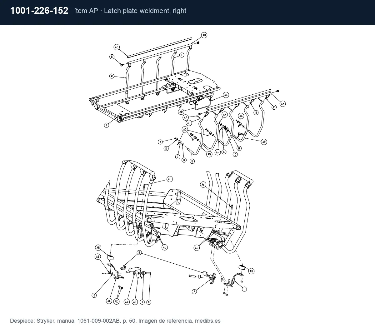 Despiece Stryker con la pieza 1001-226-152 (placa de cierre de barandilla derecha), ítem AP