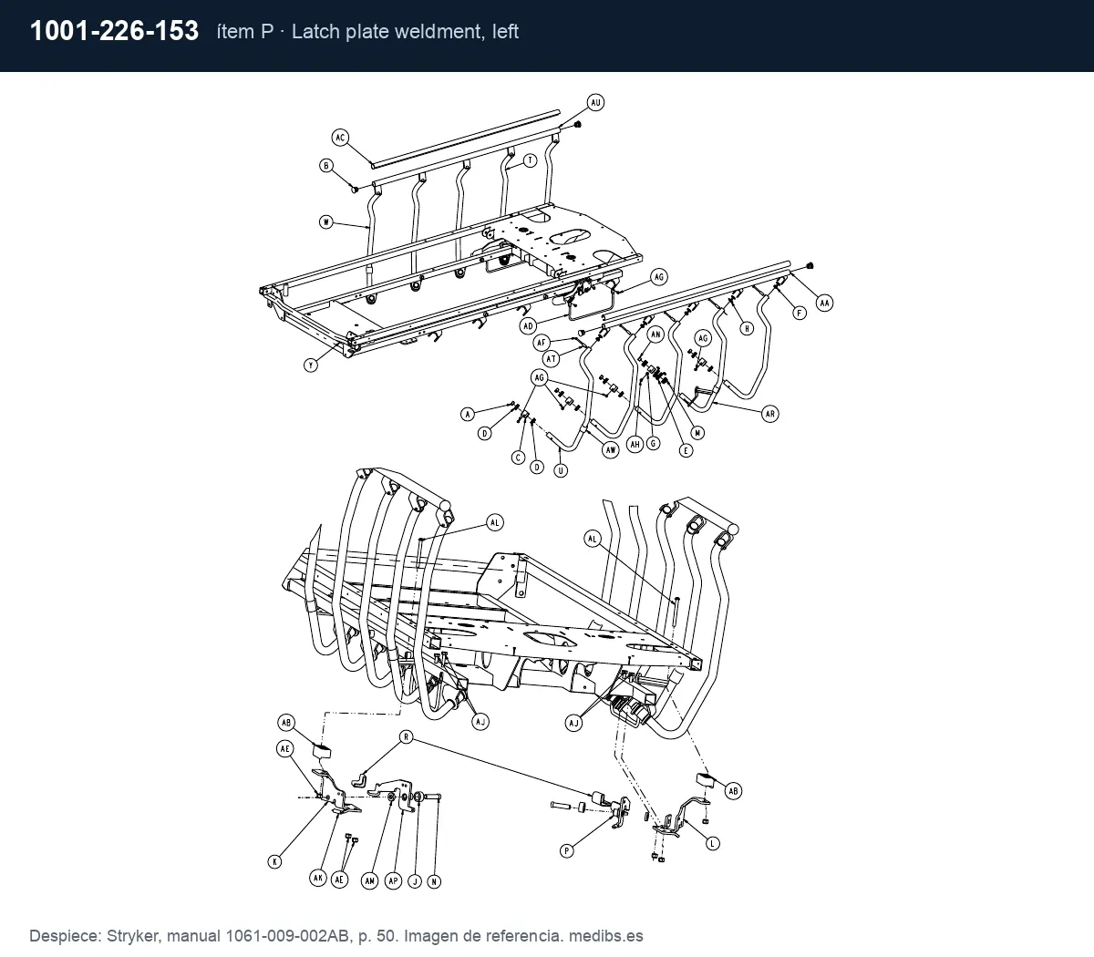 Despiece Stryker con la pieza 1001-226-153 (placa de cierre de barandilla izquierda), ítem P