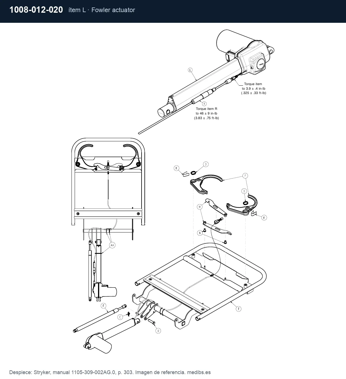 Despiece Stryker con la pieza 1008-012-020 (actuador del respaldo), ítem L