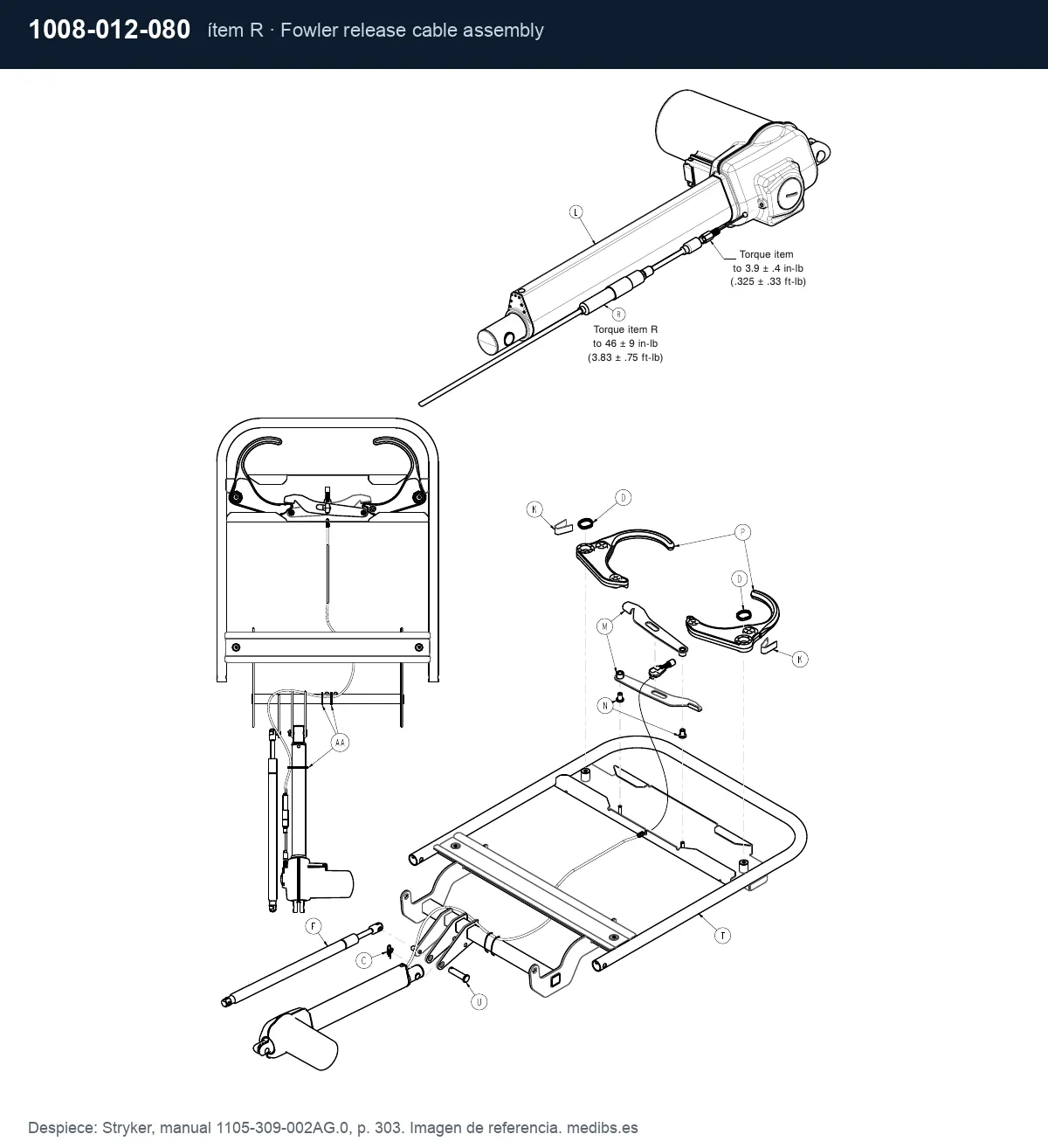 Despiece Stryker con la pieza 1008-012-080 (cable de desbloqueo del respaldo), ítem R