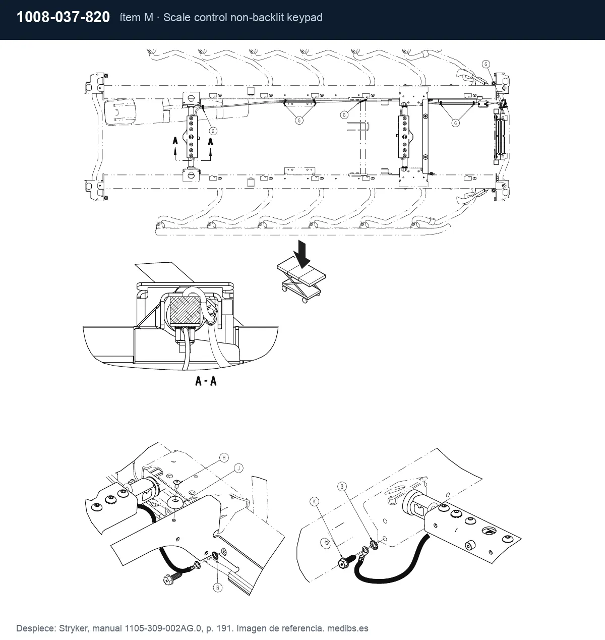 Despiece Stryker con la pieza 1008-037-820 (teclado de báscula sin retroiluminación), ítem M