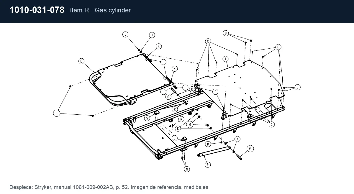 Despiece Stryker con la pieza 1010-031-078 (pistón de gas del respaldo), ítem R