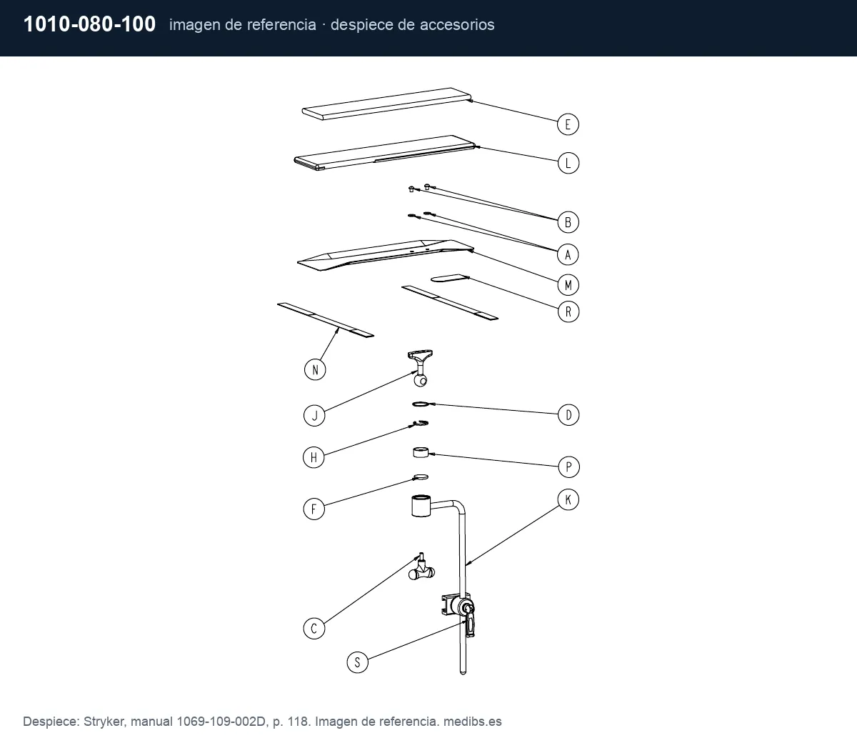 Despiece de accesorios de la camilla Stryker 1069, imagen de referencia para la pieza Stryker 1010-080-100 (portasueros permanente 2 tramos)