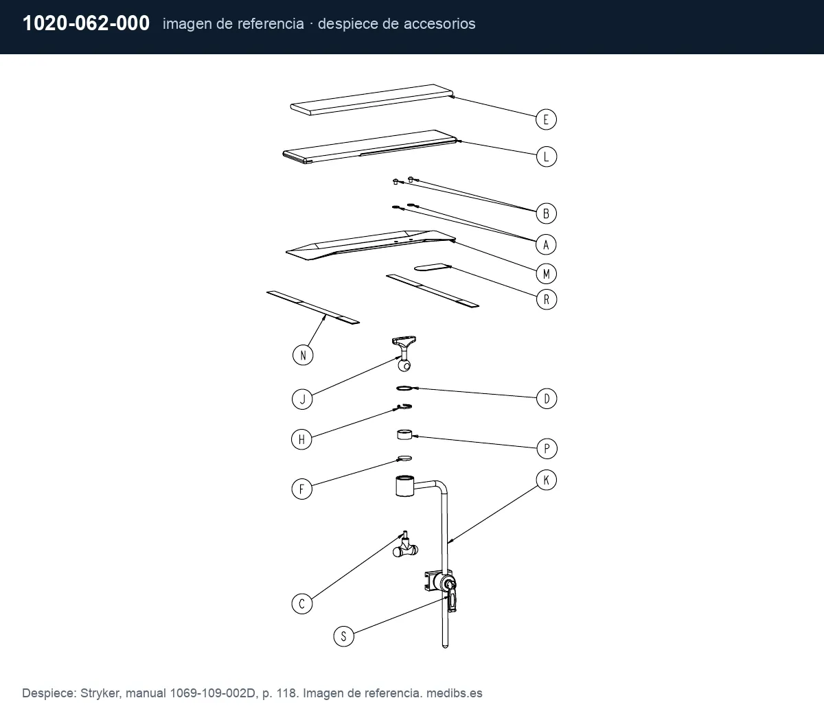 Despiece de accesorios de la camilla Stryker 1069, imagen de referencia para la pieza Stryker 1020-062-000 (portasueros permanente 3 tramos)