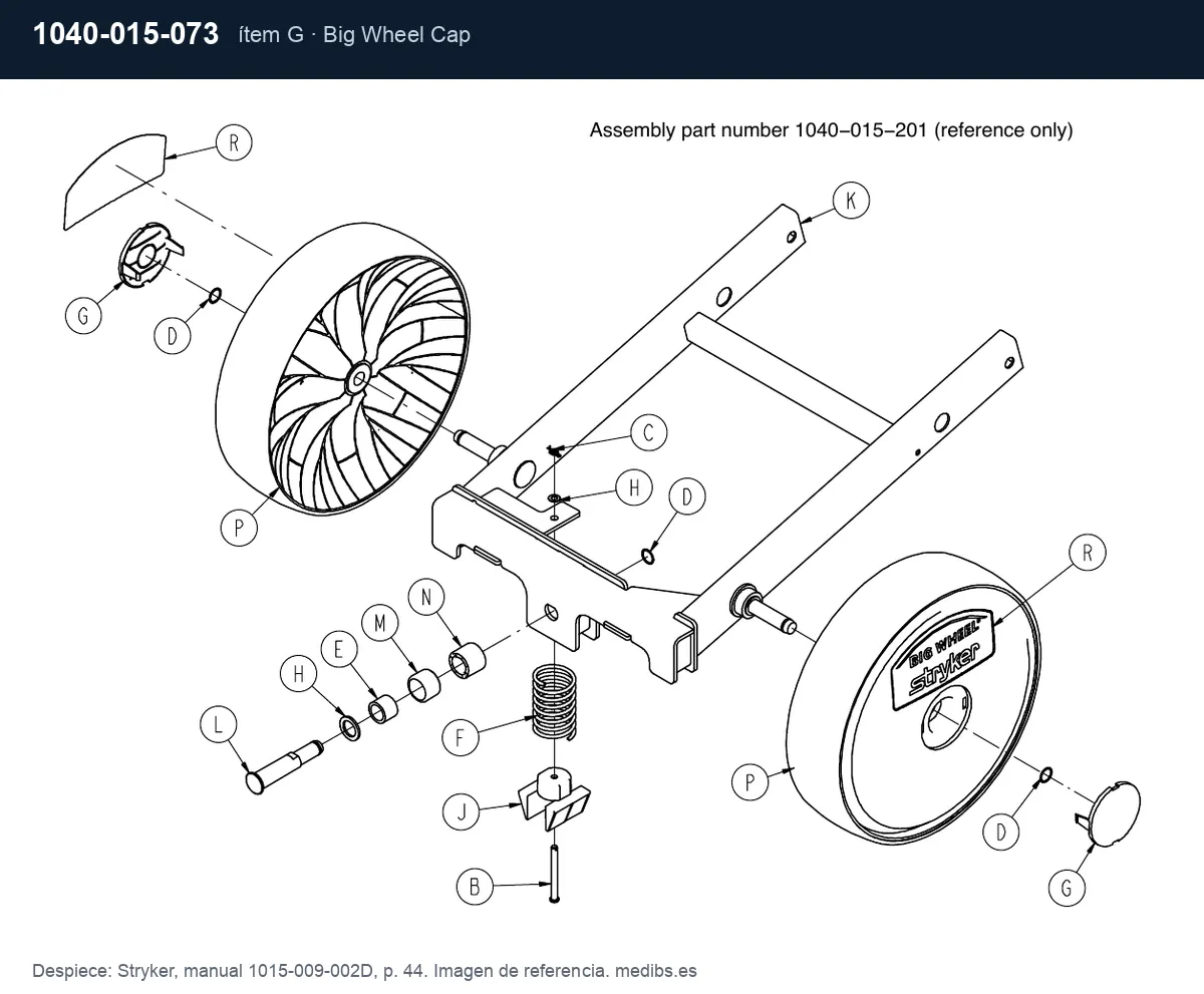Despiece Stryker con la pieza 1040-015-073 (tapa de rueda Big Wheel), ítem G