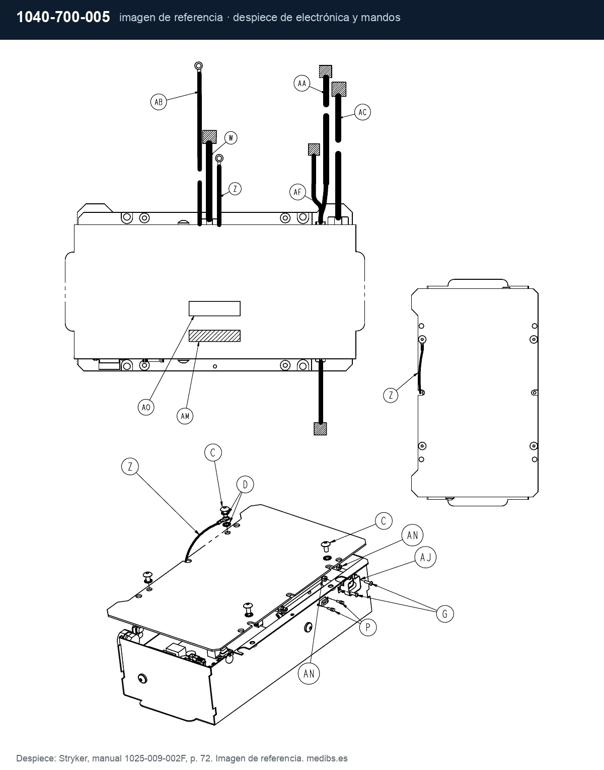 Despiece de electrónica y mandos de la camilla Stryker M-Series, imagen de referencia para la pieza Stryker 1040-700-005 (kit tornillo pivote del asa Zoom)