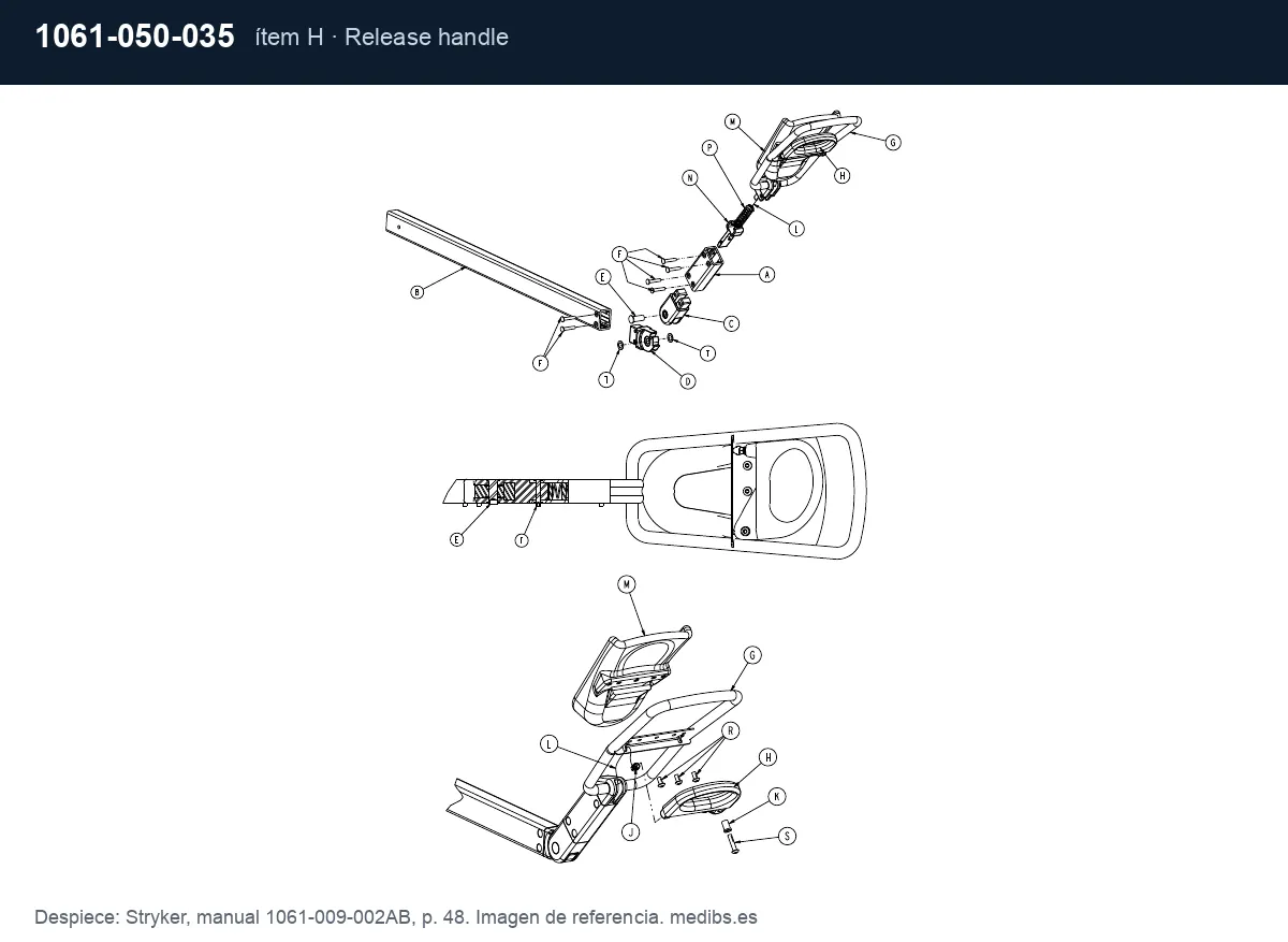 Despiece Stryker con la pieza 1061-050-035 (maneta de liberación del soporte de piernas), ítem H