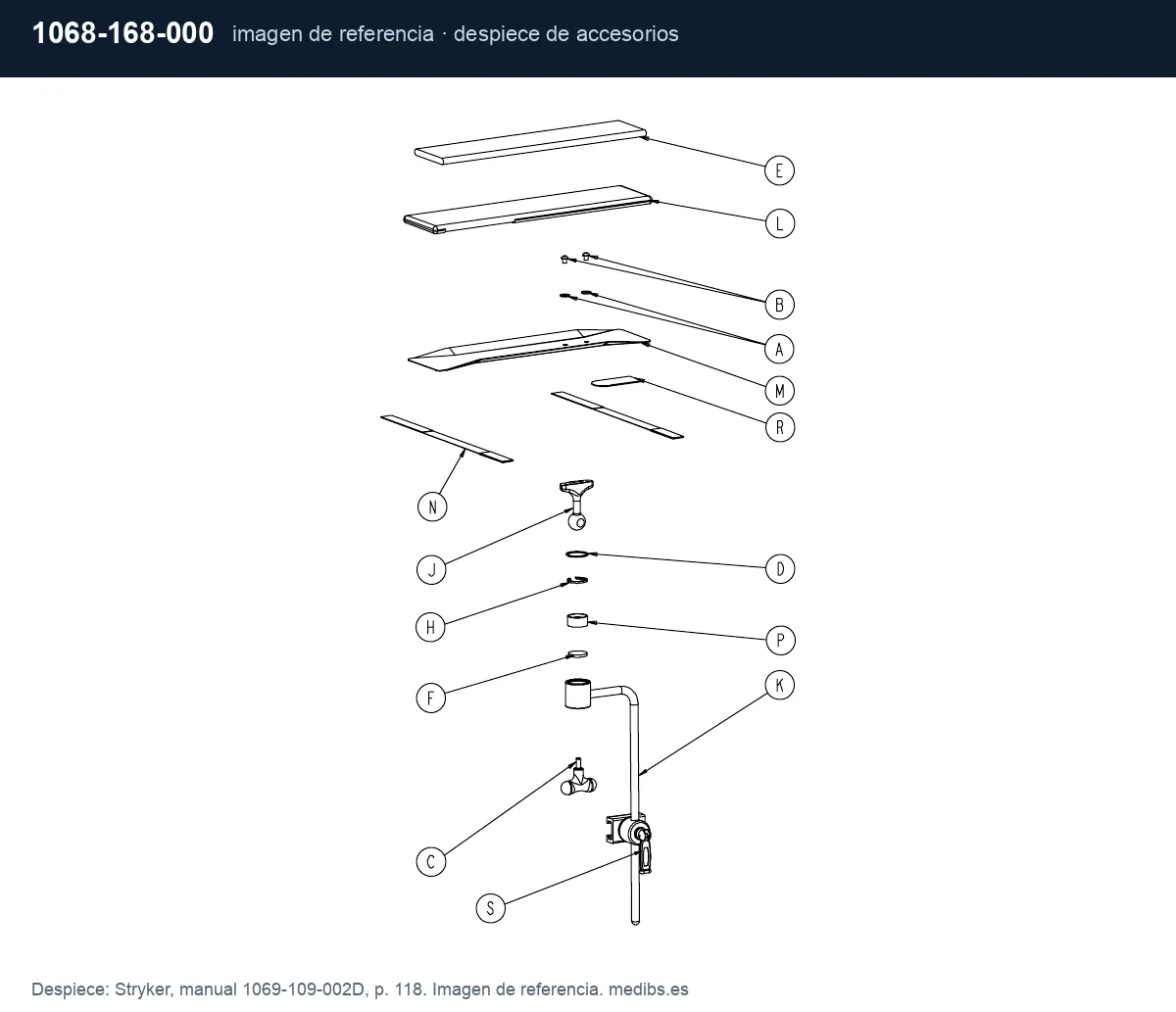 Despiece de accesorios de la camilla Stryker 1069, imagen de referencia para la pieza Stryker 1068-168-000 (soporte de paños con salida de oxígeno)