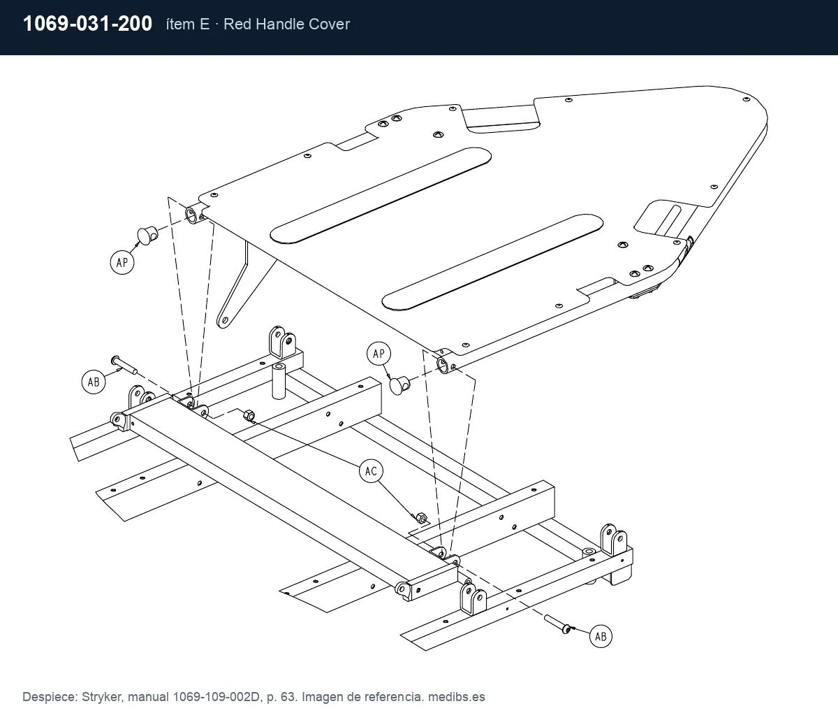 Despiece Stryker con la pieza 1069-031-200 (funda roja de maneta del respaldo), ítem E