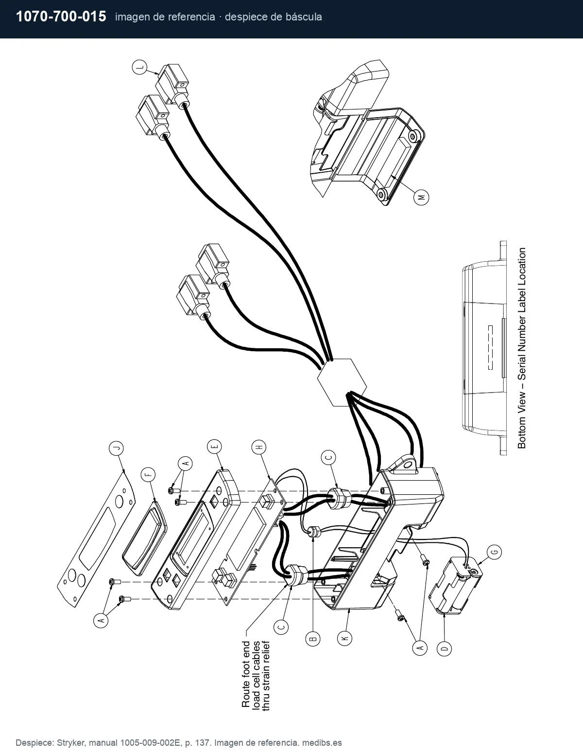 Despiece de báscula de la camilla Stryker M-Series, imagen de referencia para la pieza Stryker 1070-700-015 (kit portapilas de báscula)