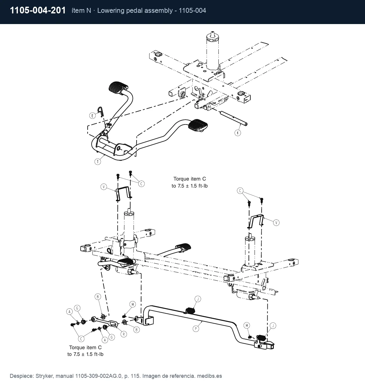 Despiece Stryker con la pieza 1105-004-201 (conjunto de pedal de descenso), ítem N