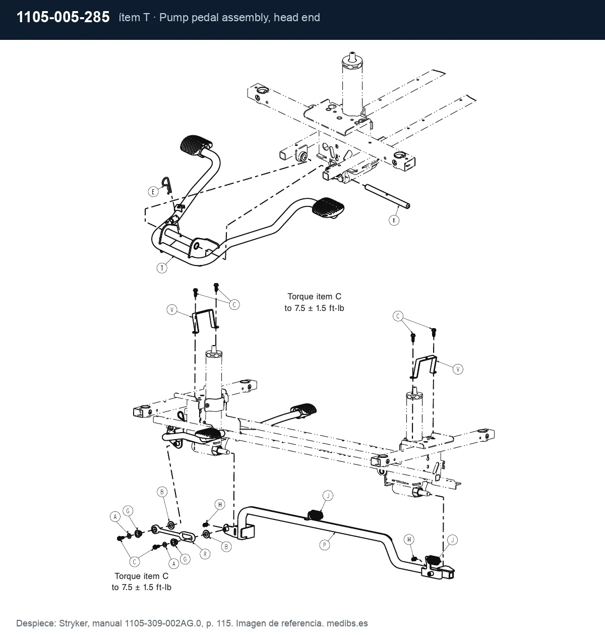 Despiece Stryker con la pieza 1105-005-285 (conjunto de pedal de elevación), ítem T