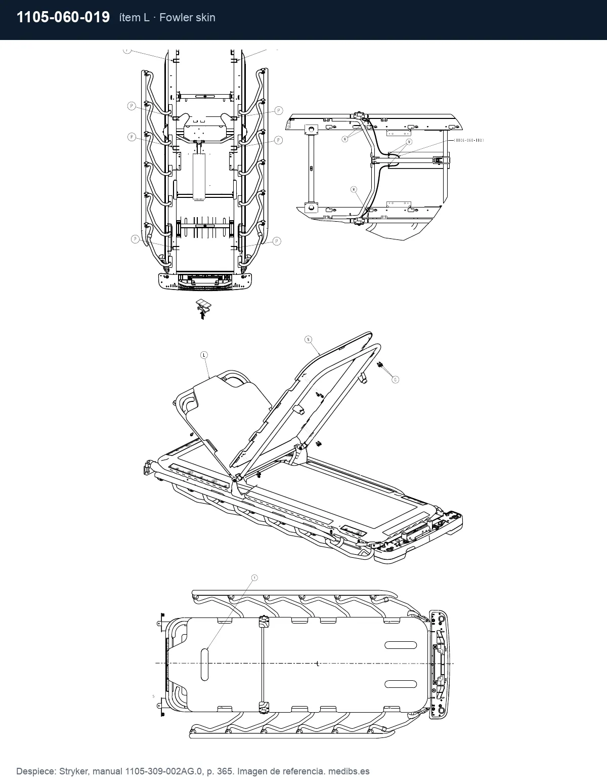 Despiece Stryker con la pieza 1105-060-019 (panel radiotransparente del respaldo), ítem L