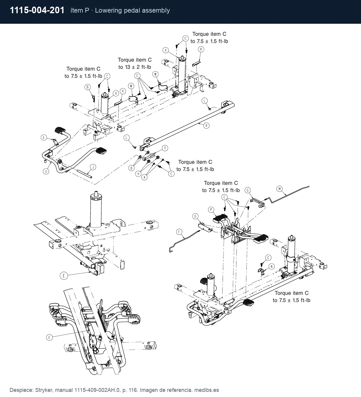 Despiece Stryker con la pieza 1115-004-201 (conjunto de pedal de descenso), ítem P