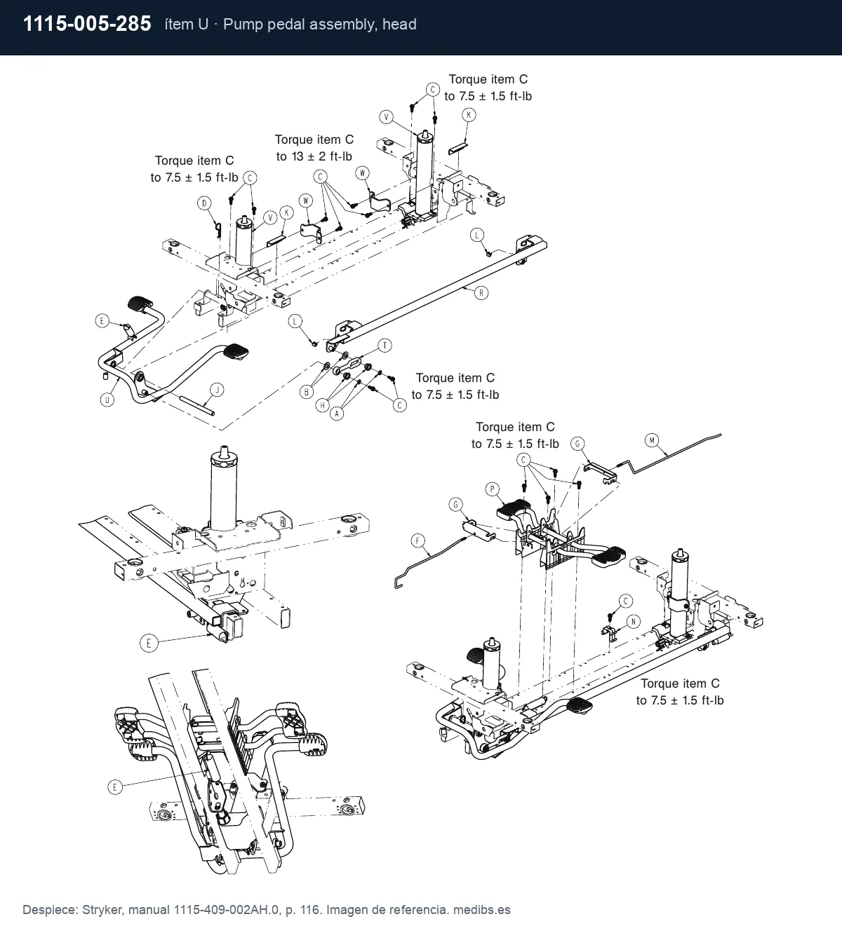 Despiece Stryker con la pieza 1115-005-285 (conjunto de pedal de elevación), ítem U