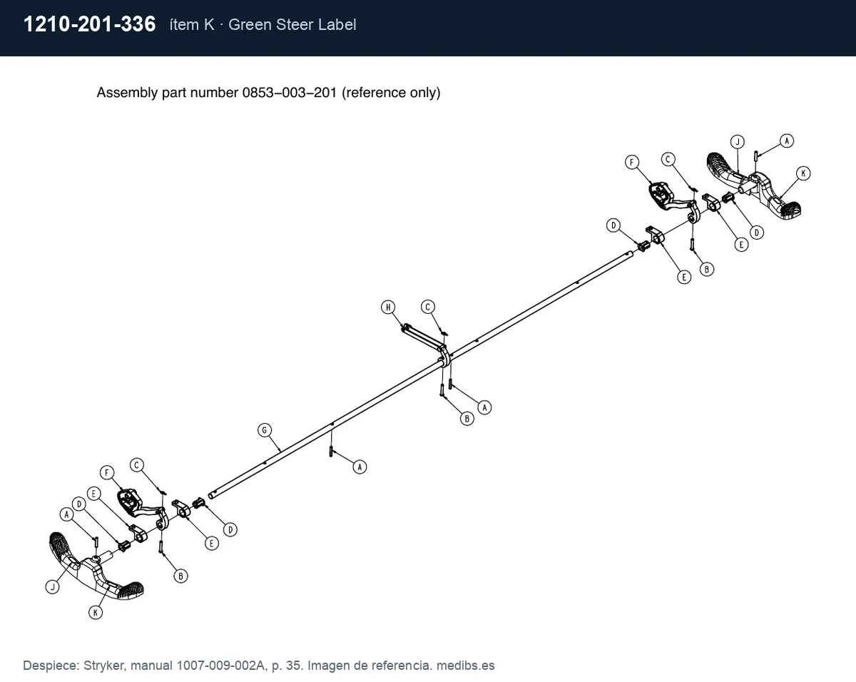 Despiece Stryker con la pieza 1210-201-336 (etiqueta dirección), ítem K