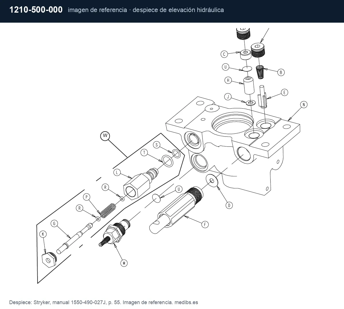 Despiece de elevación hidráulica de la camilla Stryker 1550, imagen de referencia para la pieza Stryker 1210-500-000 (pedal de descenso)