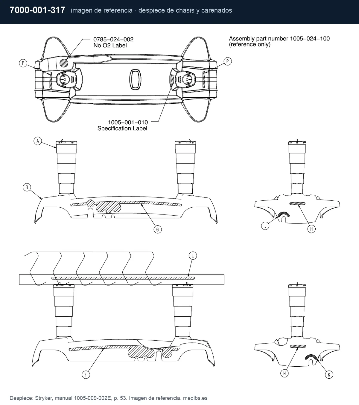 Despiece de chasis y carenados de la camilla Stryker M-Series, imagen de referencia para la pieza Stryker 7000-001-317 (pintura de retoque gris)