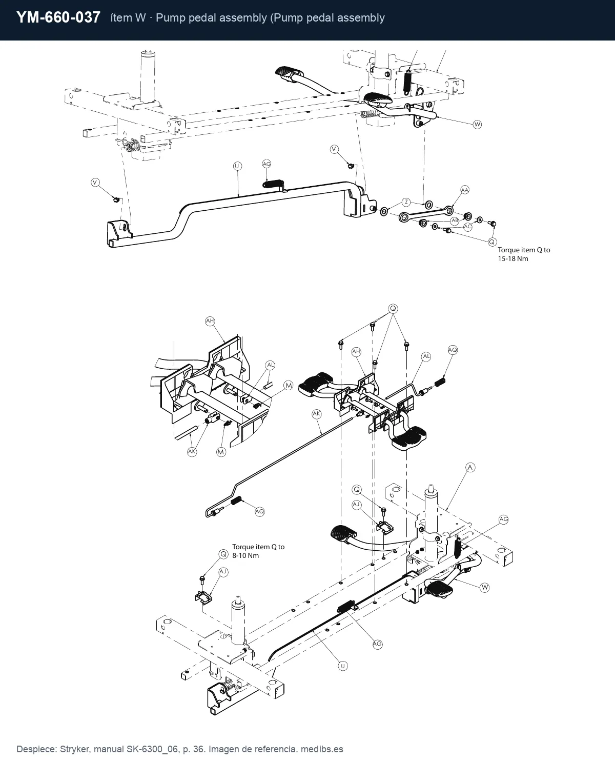 Despiece Stryker con la pieza YM-660-037 (conjunto pedal de bomba), ítem W