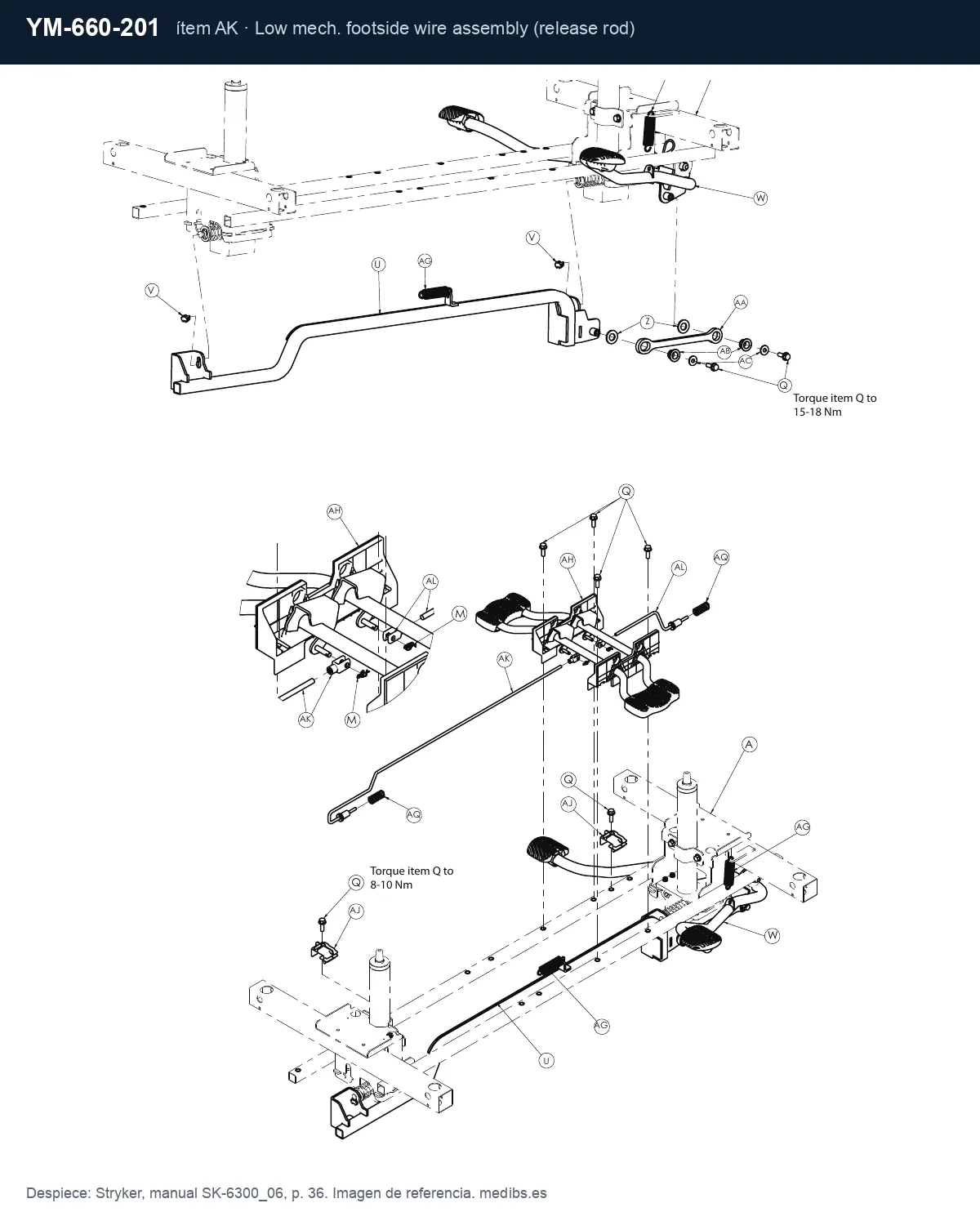 Despiece Stryker con la pieza YM-660-201 (varilla/cable de descenso lado pies), ítem AK