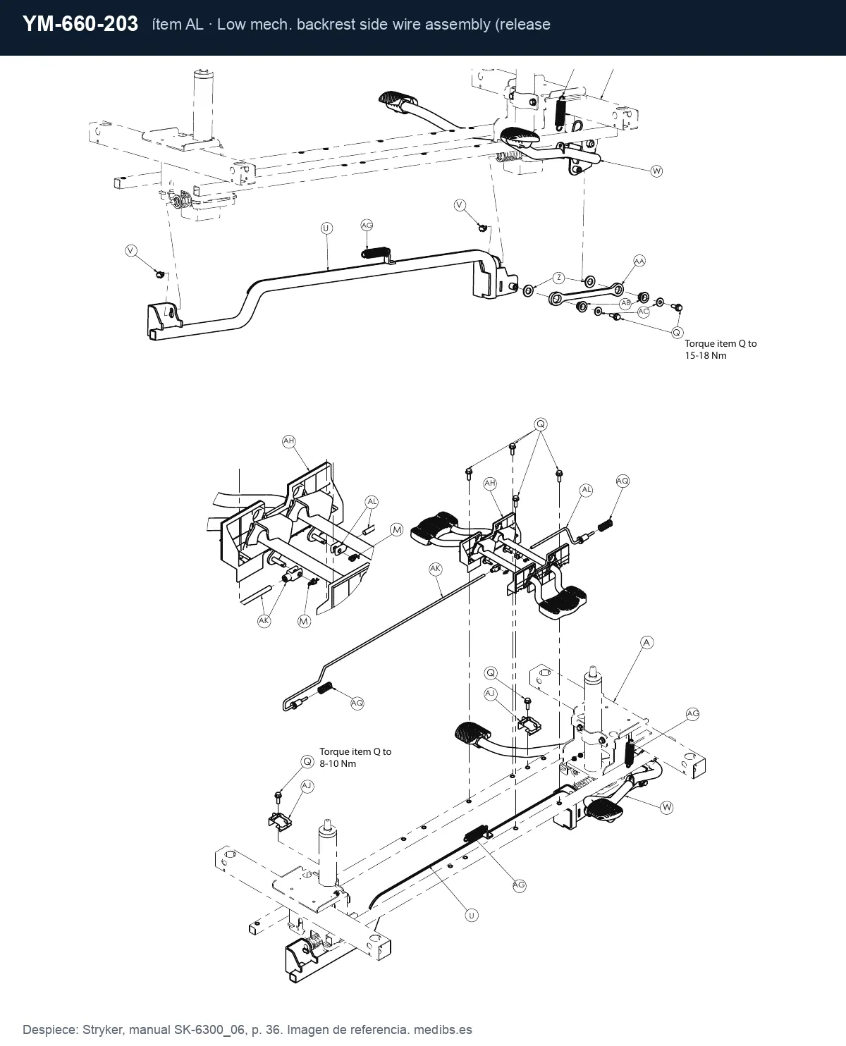 Despiece Stryker con la pieza YM-660-203 (varilla/cable de descenso lado cabecero), ítem AL