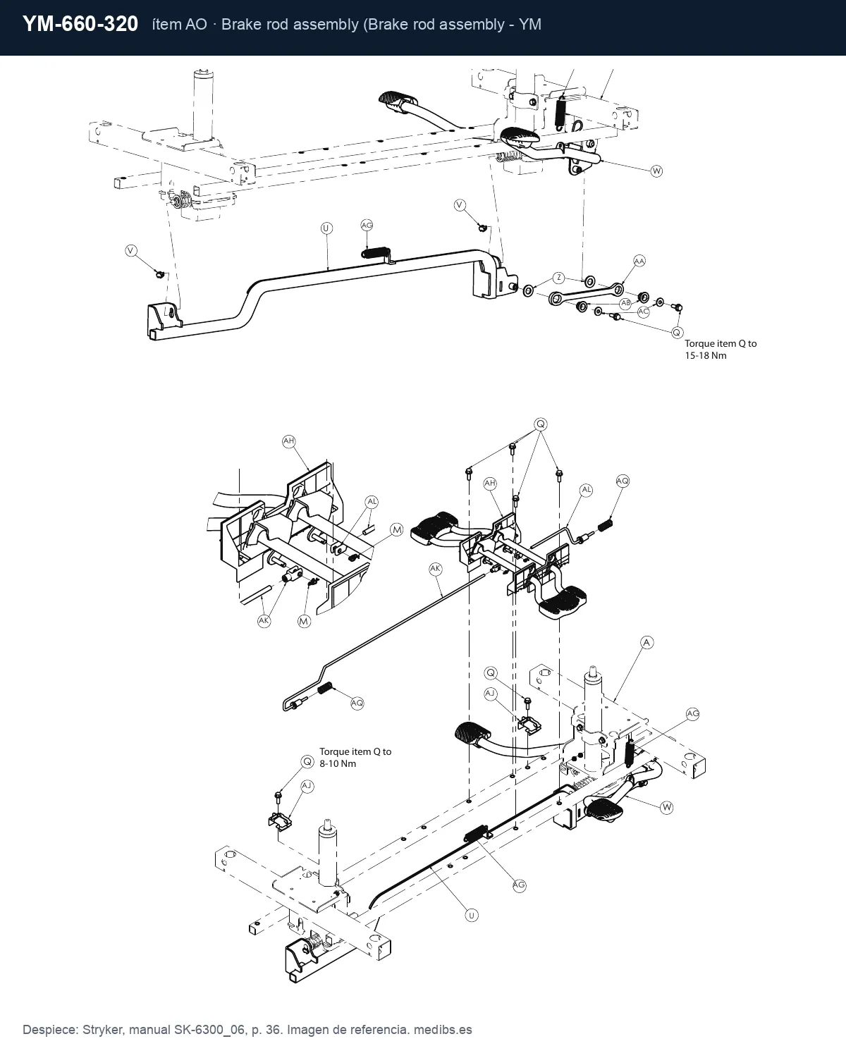 Despiece Stryker con la pieza YM-660-320 (conjunto de eje de freno), ítem AO