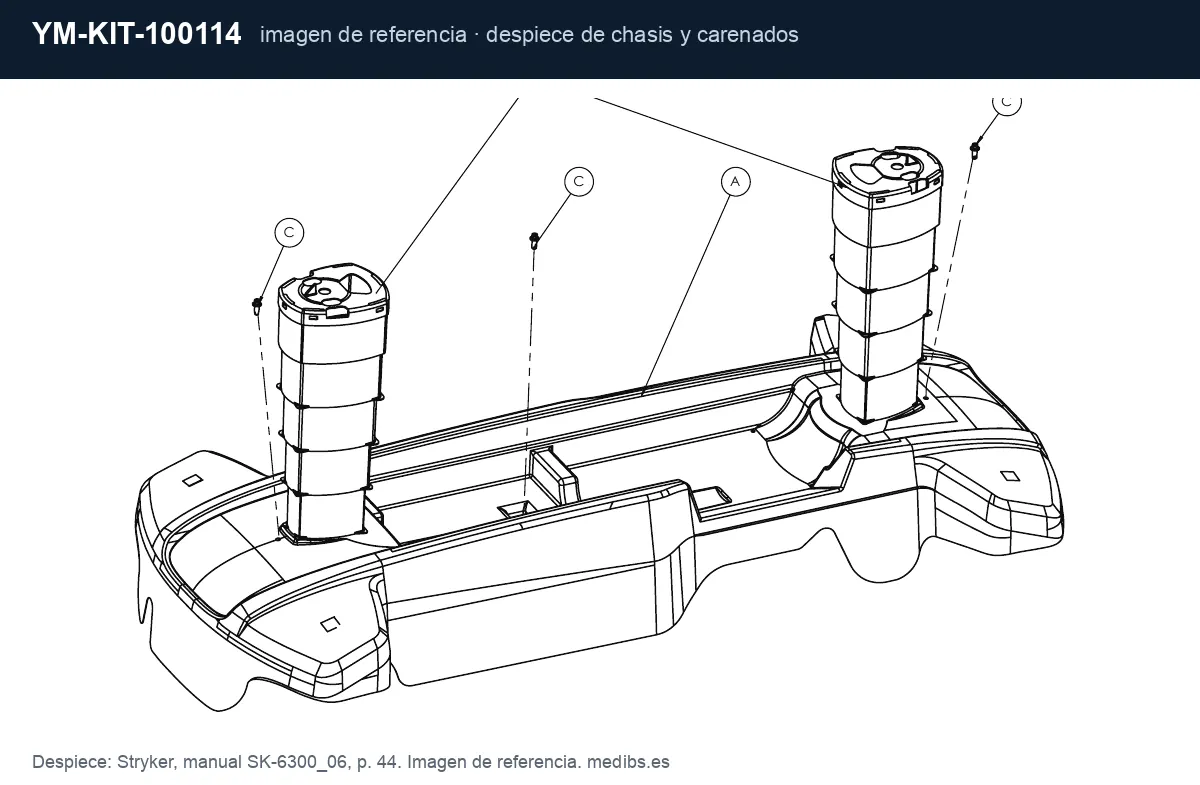Despiece de chasis y carenados de la camilla Stryker ST1, imagen de referencia para la pieza Stryker YM-KIT-100114 (kit carcasa de parachoques A)